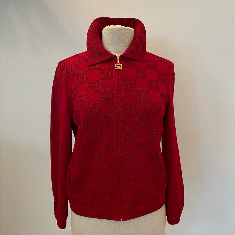 St John Sport Womens Red Cardigan with SJ Pattern in Knit / Size M / Vintage
